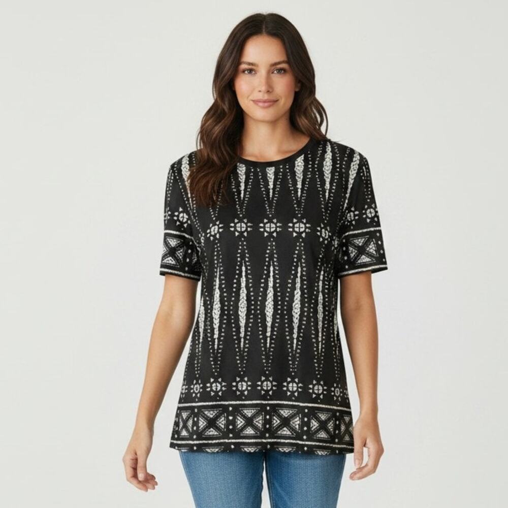 Tory Burch T-Shirt Top Womens Black White Geometric Print Short Sleeve Classic